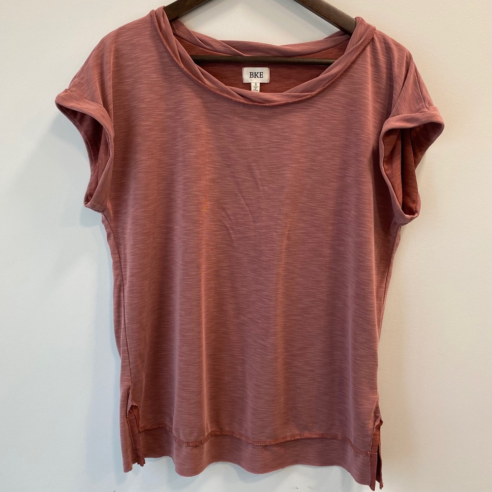 BKE Top Women S Rose Pink Tulip Wrap Back Short Sleeve Boat Neck Slub Modal Tee